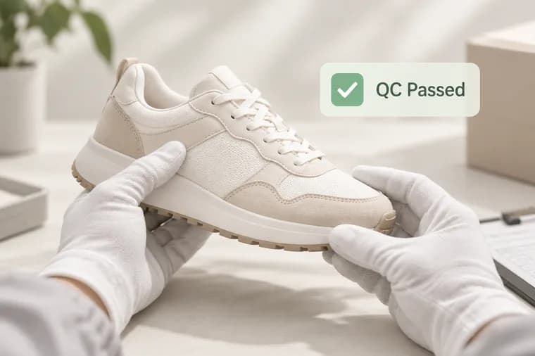 Gloved hands inspecting a cream sneaker, with a QC passed tag.