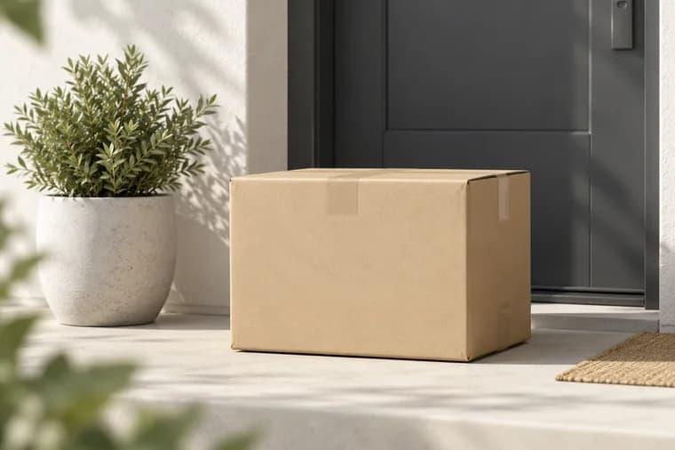 A parcel on a doorstep beside a potted plant.