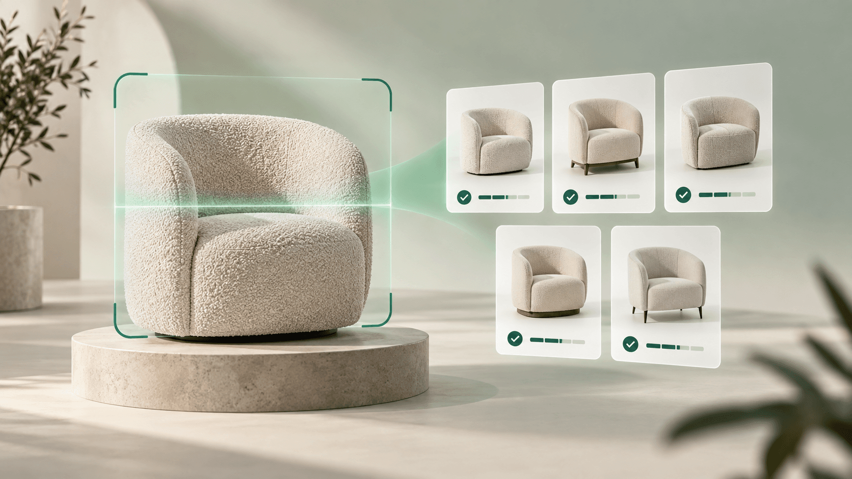 A cream chair being visually scanned and matched with five similar supplier listings.