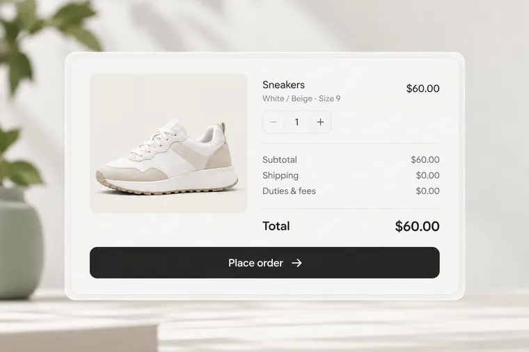 A checkout summary listing subtotal, shipping and duties above one total.