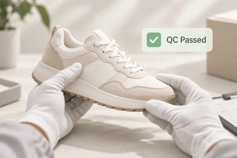 Gloved hands inspecting a sneaker, marked as having passed its check.