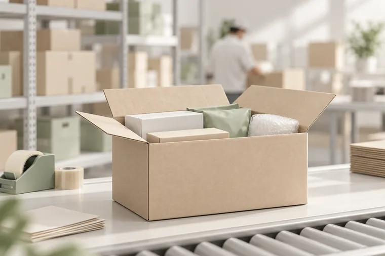 An open carton being packed with several products on a packing bench.