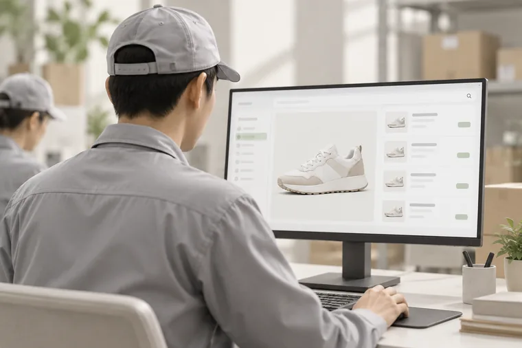 A warehouse operator comparing supplier listings for a shoe on screen.