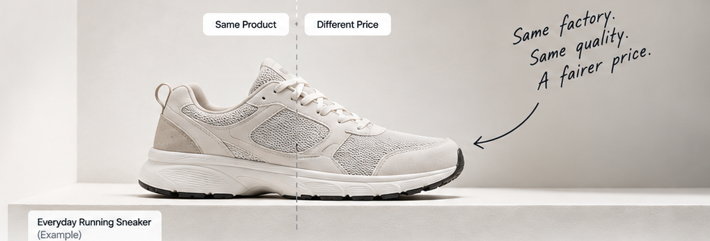Illustrative example: the same product, sold two ways — the branded retail version and the factory-direct one, at a fraction of the price
